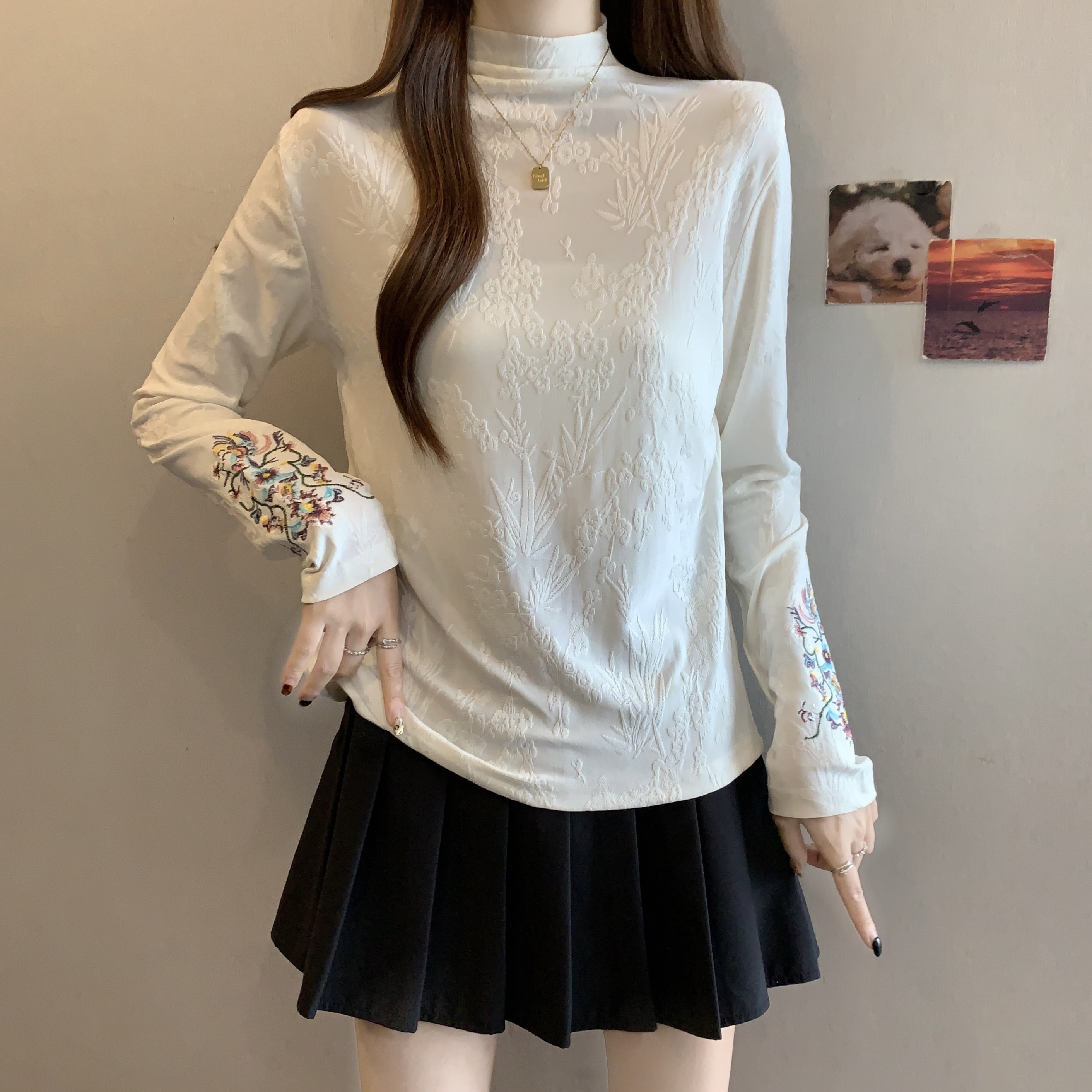 MY16209# 胖MM新中式加绒国风刺绣上衣女半高领长袖打底衫女裝貨源服裝批發
