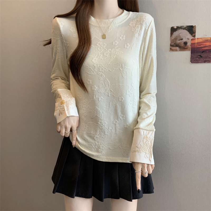 MY16208# 胖MM新款牡丹袖口刺绣新中式提花打底衫女新国风T恤女裝貨源服裝批發