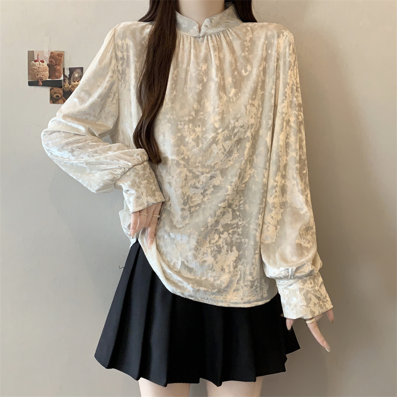 MY16207# 胖MM新中式丝绒衬衫女秋冬新款高级感气质长袖打底衫女裝貨源服裝批發