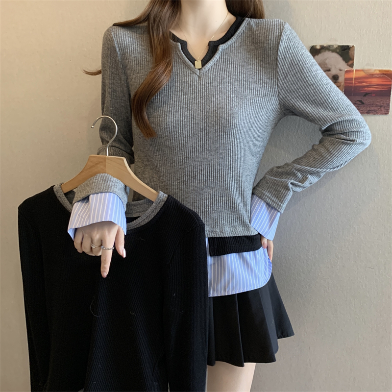 MY16206# 胖MM新款韩系时尚V领拼色假两件针织衫女长袖上衣女裝貨源服裝批發