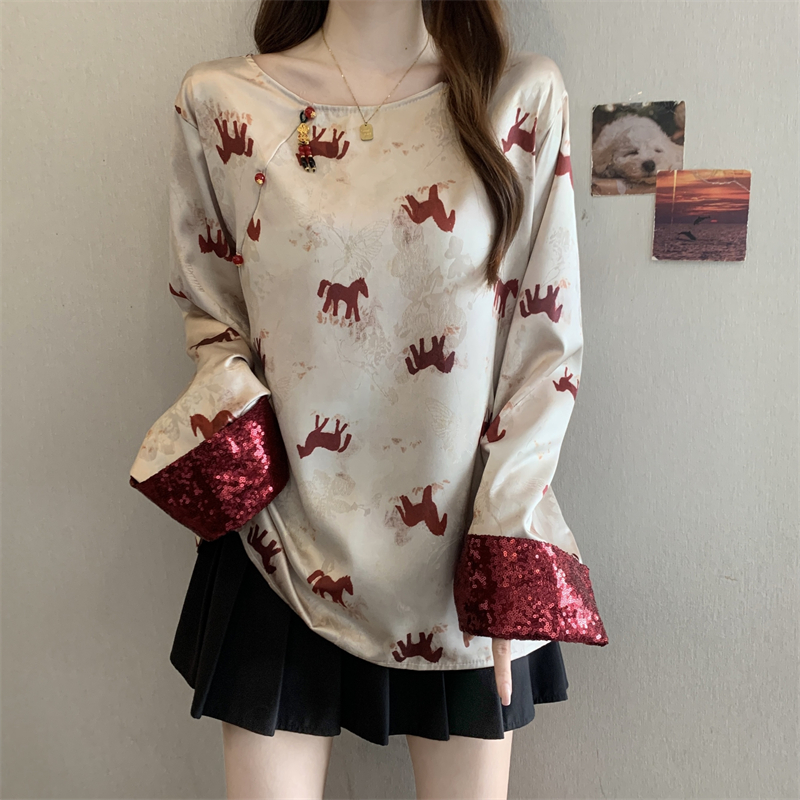 MY16205# 胖MM2026年新中式复古风小马印花锻面衬衫女气质打底衫女裝貨源服裝批發