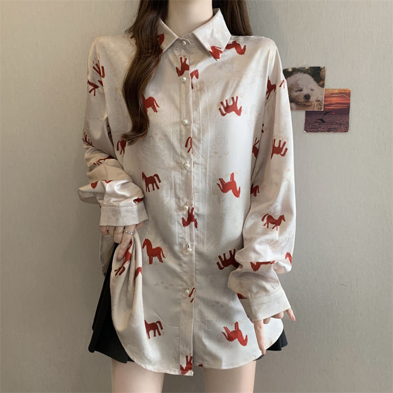 MY16202# 胖MM新款印花翻领衬衣女高级感马到成功新年上衣女裝貨源服裝批發