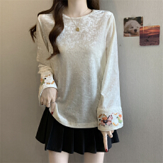 批发实拍~<b class='q'>大码</b>胖MM2026新中式丝绒长袖内搭圆领衬衫女国风刺绣上衣