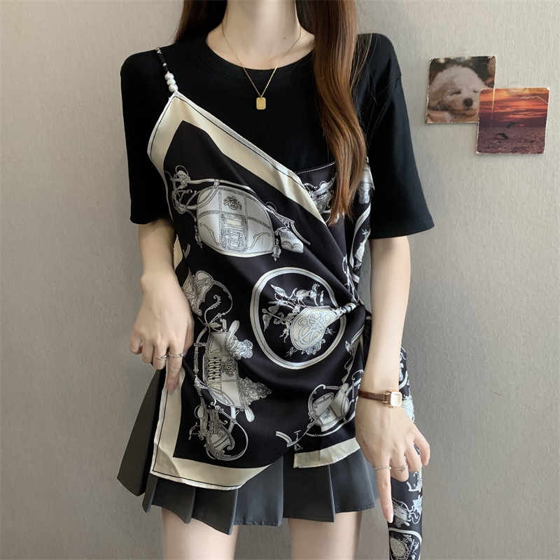 RY3198# 实拍~大码胖MM2026新款时尚不对称印花T恤女黑色圆领短...