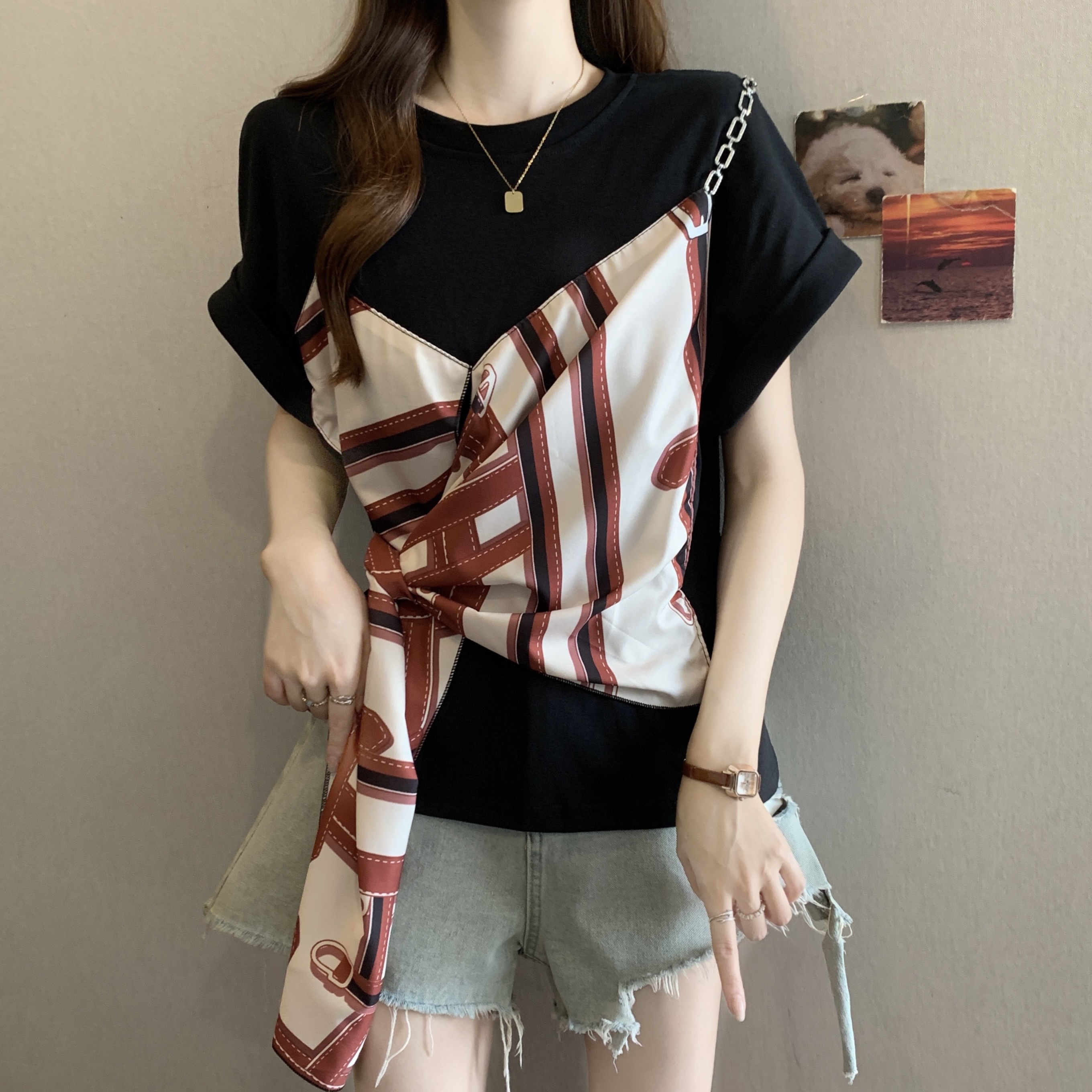 RY3197# 实拍~大码胖MM2026新款设计感通勤印花短袖T恤女黑色拼...