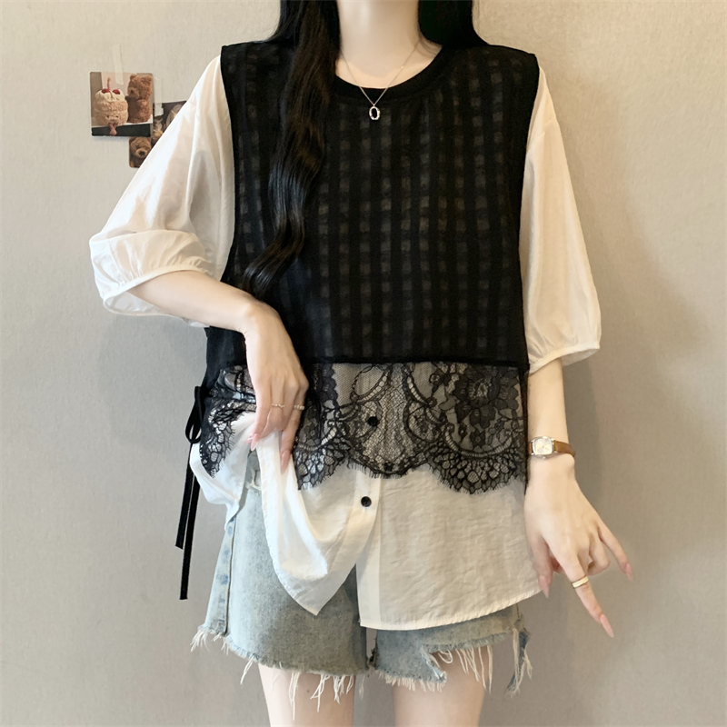 RY4571# 实拍~大码胖MM2026高级感蕾丝拼接假两件短袖衬衫女宽松休闲上衣