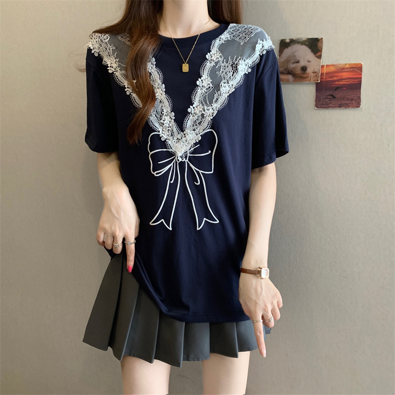 RY4570# 实拍~大码胖MM2026新款蝴蝶结蕾丝拼接短袖T恤女百搭显瘦上衣