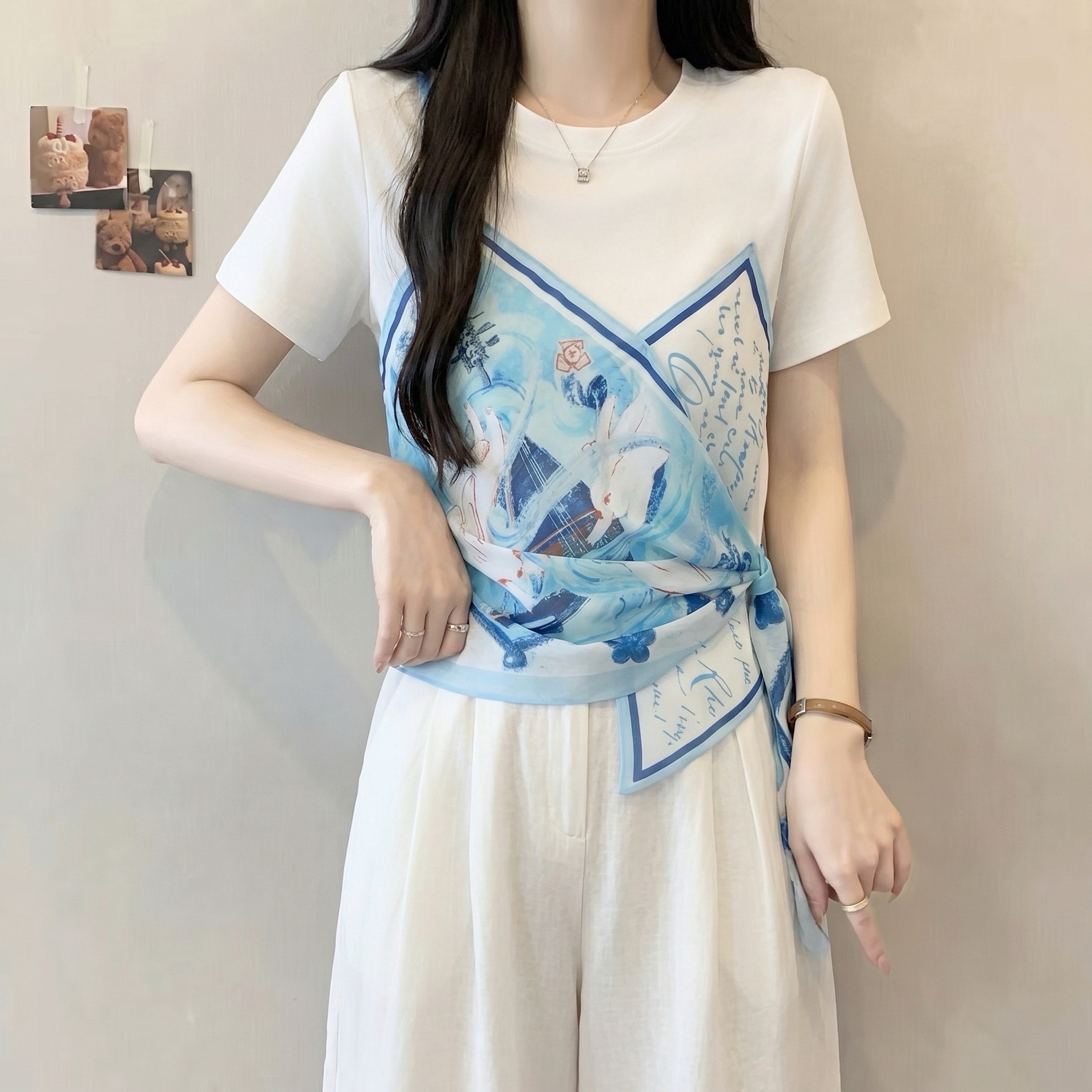 RY5897# 实拍~大码胖MM2026新款假两件短袖T恤女印花设计感小众上衣