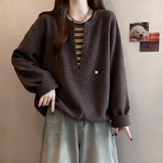 批发实拍~<b class='q'>大码</b><b class='q'>胖</b><b class='q'>MM</b><b class='q'>高级</b>感毛呢拼接假两件卫衣女秋冬2026宽松叠穿上衣