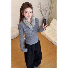 批发法式可拆卸毛领灰色套头麻花毛衣女秋冬加厚保暖慵懒风针织衫上衣