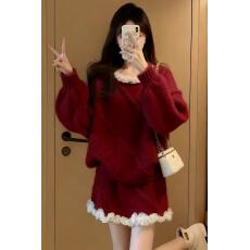 批发秋冬氛围感穿搭红色毛衣套装女2025新款针织花边领上衣短裙两件套
