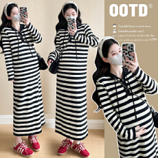 批发孕妇装连帽针织连衣裙女<b class='q'>秋</b>冬时尚宽松气质休闲条纹毛衣裙