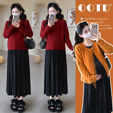 批发孕妇装系带圆领别致针织开衫女<b class='q'>秋</b>冬2025新款宽松气质毛衣外套