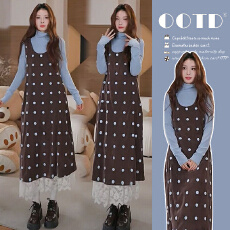 批发孕妇装韩系咖色加厚波点连衣裙女2025冬季<b class='q'>休闲</b>宽松气质背心长裙