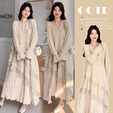 批发孕妇装重工提花压褶<b class='q'>连衣裙</b>女秋冬长袖蕾丝长裙内搭设计感