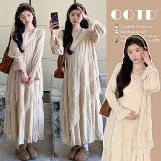 批发孕妇装重工提花压褶连衣裙女<b class='q'>秋</b>冬长袖蕾丝长裙内搭设计感