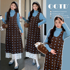 批发孕妇装韩系咖色加厚波点连衣裙女2025冬季休闲宽松气质背心长裙