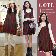 孕妇装红格背带裙 新款显瘦温柔毛呢感新春花苞裙套装