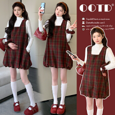 批发孕妇装红格背带裙 新款显瘦温柔毛呢感新春花苞裙套装