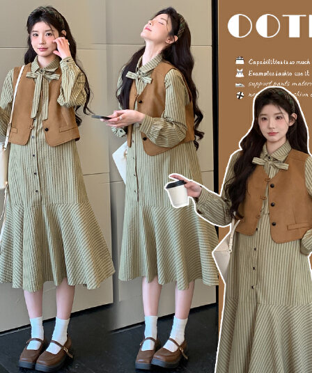 출산 착용 전체 집합 프랑스식 작은 대중 스트라이프 셔츠 점프 슈트 치마 세트 여성 새로운 레트로 베스트 투피스 세트