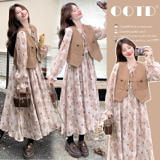 批发孕妇装2026<b class='q'>春</b>季新款超好看复古马甲波点连衣裙两件套