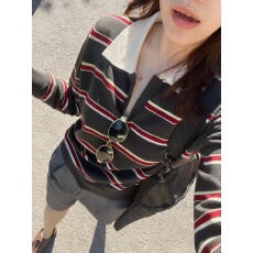 批发黑色条纹半开领<b class='q'>翻领</b>修身打底衫内搭针织衫毛衣女2025新款秋冬上衣