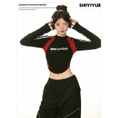 批发【设计师款】早秋新款机车风<b class='q'>修身</b>露脐T恤爵士长袖小众百搭女上衣