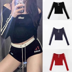 批发美式辣妹藏青色斜肩T恤2025秋冬季新款巨好看的高级感<b class='q'>修身</b>上衣女