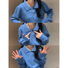 批发克莱因蓝翻领针织开衫<b class='q'>外套</b>毛衣内搭超好看冬装打底衫气质女士上衣