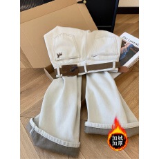 批发米白色加绒加厚牛仔裤女冬季2025新款<b class='q'>高腰</b>直筒阔腿今年流行梧桐裤