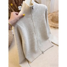 批发燕麦色半高领坑条针织开衫外套巨好看毛衣女春季2026超火减龄上衣