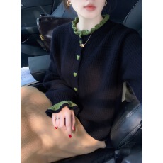 批发黑色拼接木耳边爱心扣针织开衫外套女2026早春季氛围感巨好看上衣