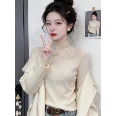 批发米色蕾丝拼接半高领碎钻打底毛针织衫女2026春季韩系甜辣chic上衣