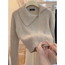 批发杏色翻领双拉链针织开衫女春季设计感小众气质高级感毛衣外套上衣