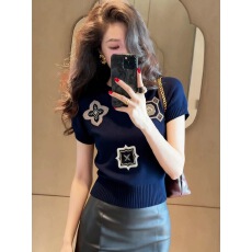 批发高级感蓝色印花圆领短袖T恤女2026夏季绝美巨好看韩系高级感上衣