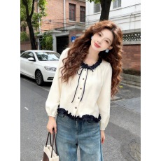 批发米色系带拼接木耳边<b class='q'>长袖</b>衬衫衬衣女2026春季设计感别致很仙的上衣