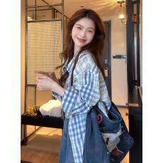 批发学院风蓝色格纹宽松遮肉长袖<b class='q'>衬衫</b><b class='q'>衬衣</b>女高级感洋气减龄早春季上衣