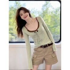 批发设计感浅绿色抽绳系带蝴蝶结长袖<b class='q'>T</b><b class='q'>恤</b>女修身显瘦叠穿内搭早春上衣