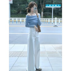 批发春天ootd穿搭浅蓝色<b class='q'>一字肩</b>长袖针织衫女甜妹修身打底早春气质<b class='q'>上衣</b>