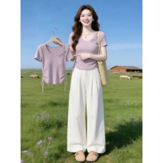 批发紫色V领镂空立体<b class='q'>花朵</b>抽绳掐腰<b class='q'>T</b><b class='q'>恤</b>女2026夏季多巴胺小众洋气上衣