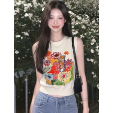 批发米白色印花宽松外穿背心吊带女2026夏季多巴胺<b class='q'>泰国</b>绝美巨好看上衣