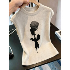 批发燕麦色修身显瘦印花无袖背心女2026夏季炸街独特漂亮<b class='q'>泰国</b>绝美上衣