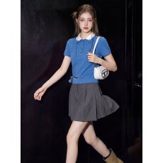 批发韩系<b class='q'>甜美</b>蓝色收腰短袖t恤女2026夏季多巴胺独特漂亮上衣旅游穿搭