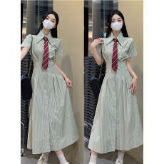 批发学院风衬衫jk制服套装<b class='q'>长裙</b>条纹巨好看收腰显瘦<b class='q'>连衣</b>裙子女夏季穿搭