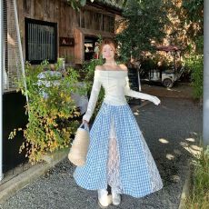 批发韩系甜美蕾丝拼接红色格子半身裙2026春<b class='q'>夏</b>新款学院风大摆a字长裙