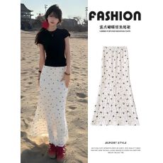 批发韩系度假风蝴蝶结印花蕾丝碎花鱼尾半身裙女<b class='q'>夏</b>季纯欲长裙包臀裙子