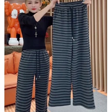 批发松紧高腰条纹阔腿裤女抽绳运动休闲裤垂感直筒加绒加厚长裤秋冬<b class='q'>潮</b>