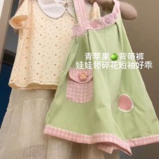 批发日系甜美可爱童趣风格格纹背带短裤<b class='q'>女</b>学生夏季娃娃领短袖上衣套装