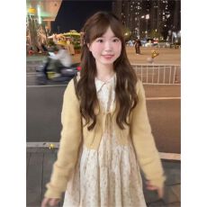 批发韩版穿搭一整套学院可爱碎花宽松娃娃领<b class='q'>连衣裙</b>女绑带针织开衫毛衣
