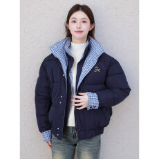 批发美式复古蓝色格纹拼接防寒外套棉服女学生冬季藏青色宽松保暖棉衣